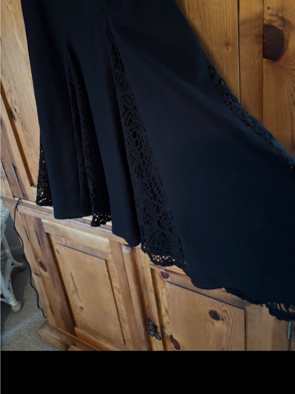 Black boho linen blend fishtail flounce maxi skirt embroidered  panels 8 M